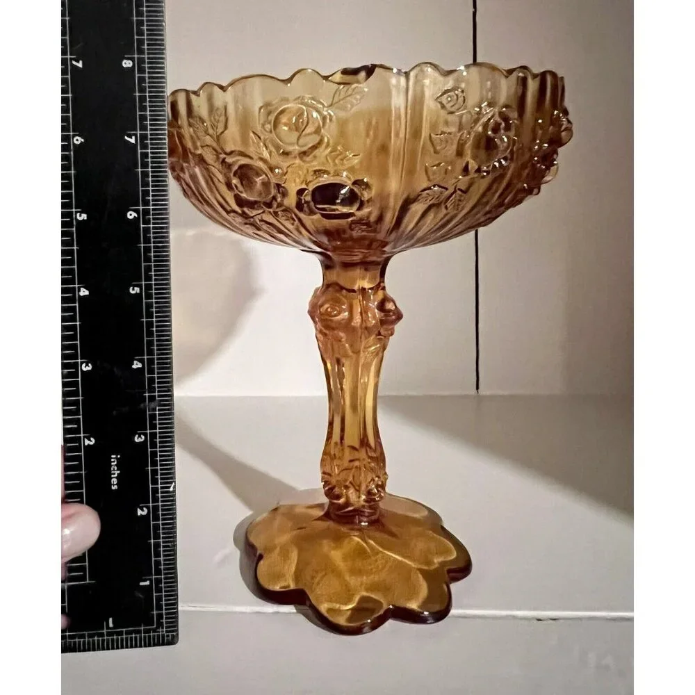Vintage Fenton Cabbage Rose, Amber Glass Footed Compote‎ Candy Dish